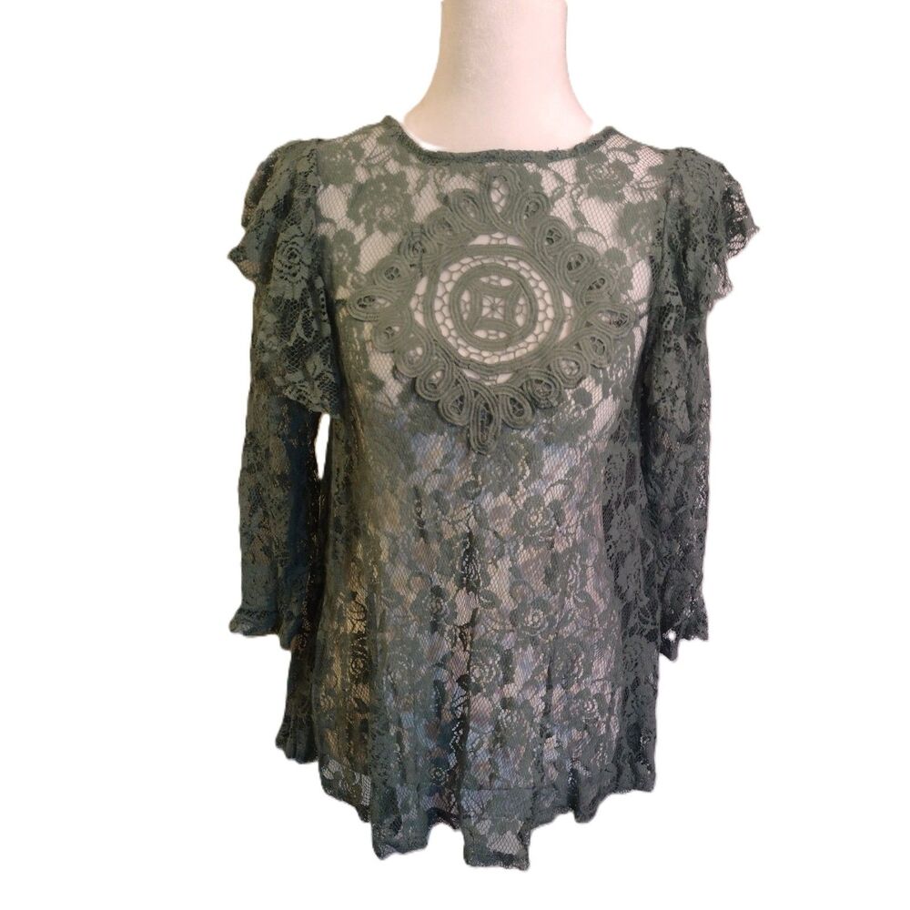 Umgee Olive Green Floral Lace Tiered Ruffle Tunic Top Size S